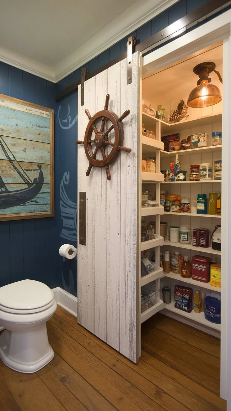 A cleverly disguised pantry, accessed via a ship's wheel door, adds unexpected functionality to this charming nautical-themed bathroom. The blend of maritime décor and efficient storage creates a unique and delightful space, showcasing how design can seamlessly integrate form and function.