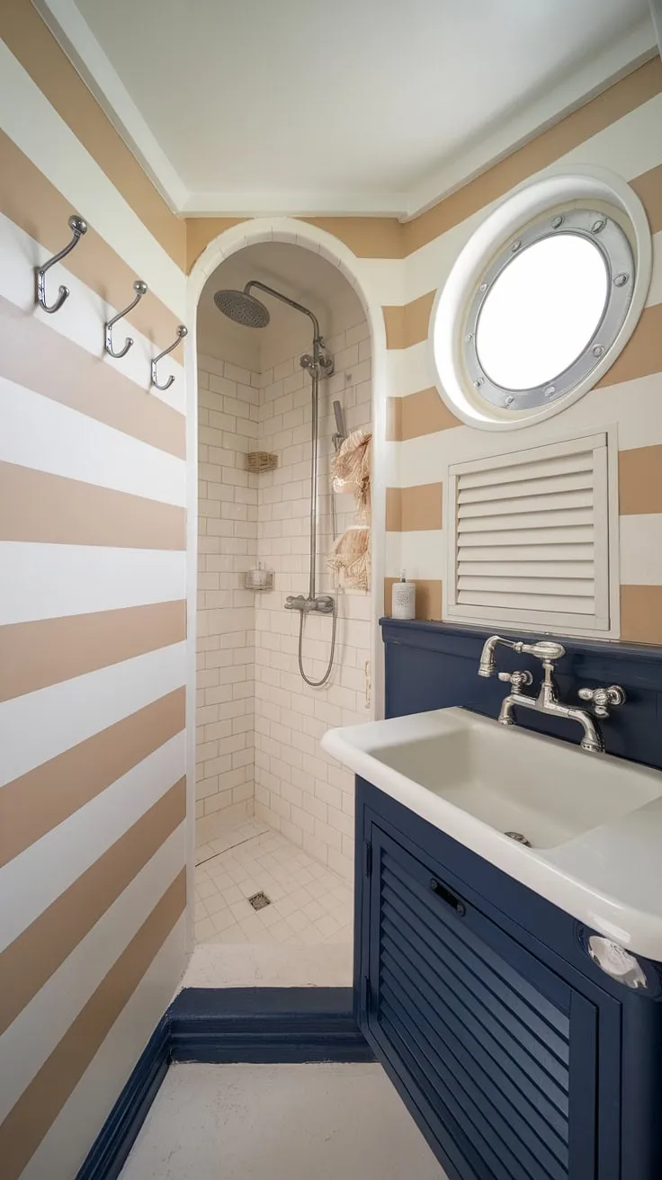 Escape to your own private seaside sanctuary. This nautical-themed bathroom, with its charming striped walls and porthole window, offers a tranquil retreat where you can unwind and rejuvenate after a long day. The thoughtful details, from the convenient towel hooks to the crisp white tiles, create a space that is both stylish and functional. A perfect blend of comfort and coastal charm.