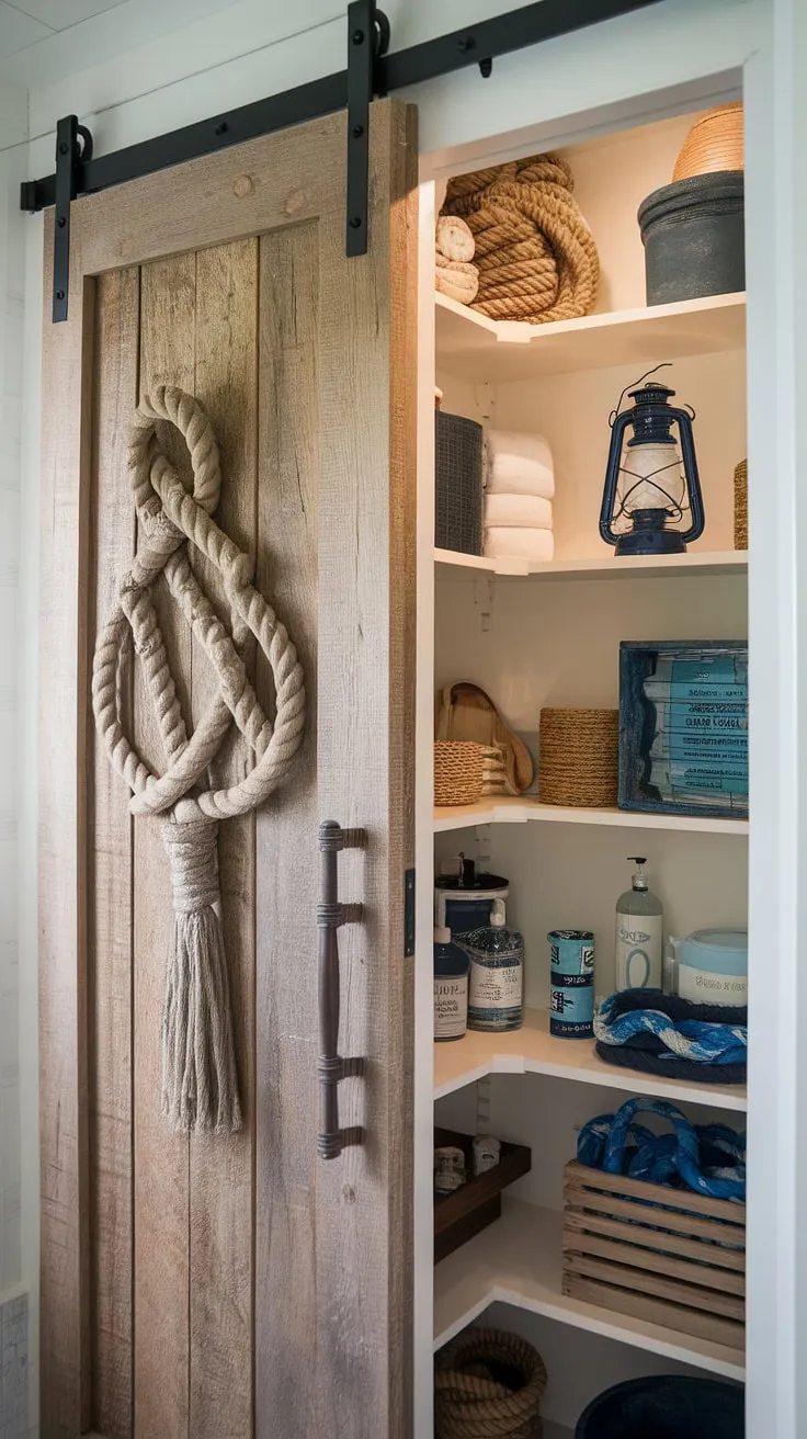 Seafaring style meets clever storage. This hidden pantry, cleverly disguised behind a nautical knot-adorned door, reveals a treasure trove of coastal essentials, blending rustic charm with practical design. A perfect blend of form and function, it's a space where adventure and organization seamlessly coexist.