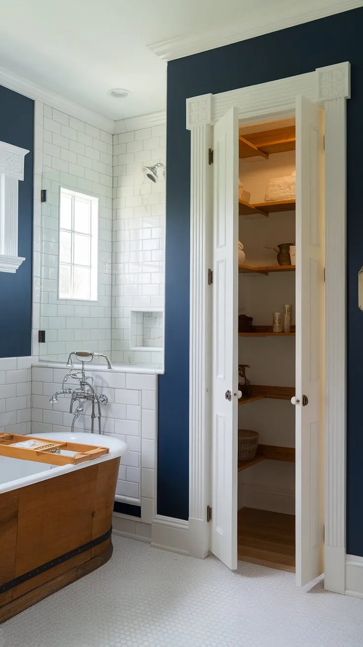 Seamlessly blending nautical charm with practical storage, this bathroom's hidden pantry, cleverly concealed behind a bi-fold door, offers unexpected functionality. The deep navy walls, wooden bathtub, and vintage sink create a serene escape, while the bright white pantry provides ample space for toiletries and linens. A perfect example of thoughtful design.