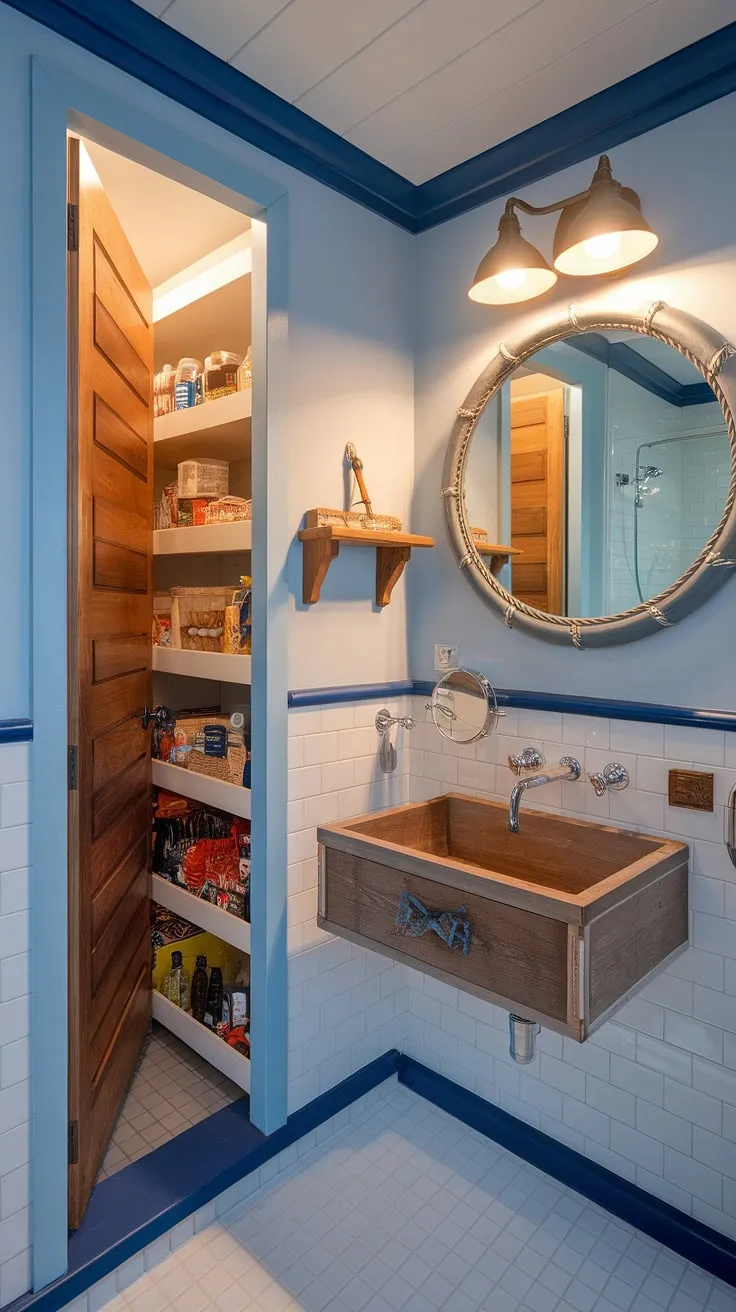 Imagine a bathroom that seamlessly blends style and functionality. This nautical-themed space boasts a hidden pantry, cleverly integrated behind a wooden panel, offering ample storage without compromising the aesthetic. The combination of blue and white, accented by rich wood, creates a calming retreat, perfect for unwinding after a long day. A testament to thoughtful design and clever space utilization.