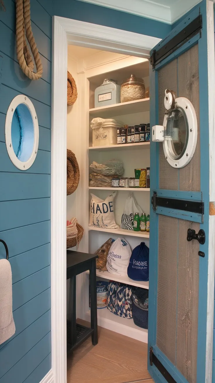Beyond the unassuming wooden door lies a secret haven: a nautical-themed pantry brimming with culinary delights. The blue walls, accented with white, create a serene atmosphere, while rope detailing and a porthole window add a playful touch. Shelves overflow with canned goods, jars, and bags, all easily accessible thanks to the thoughtful design. A small table provides extra space, making this hidden pantry a true treasure.