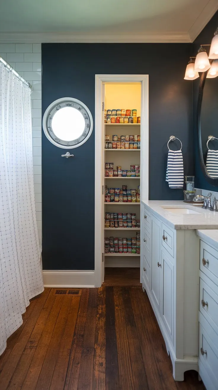 Step into this nautical-inspired bathroom, where a hidden pantry, cleverly concealed behind a porthole window, reveals a treasure trove of provisions. The dark blue walls, wooden floors, and white vanity create a serene coastal retreat. A perfect blend of style and practicality.
