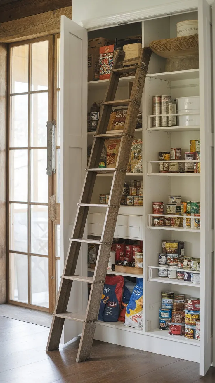 Step into a world of culinary treasures hidden behind this rustic kitchen's charming facade. A vintage ladder reveals even more storage, proving that practicality and beauty can coexist seamlessly. A true testament to thoughtful design.