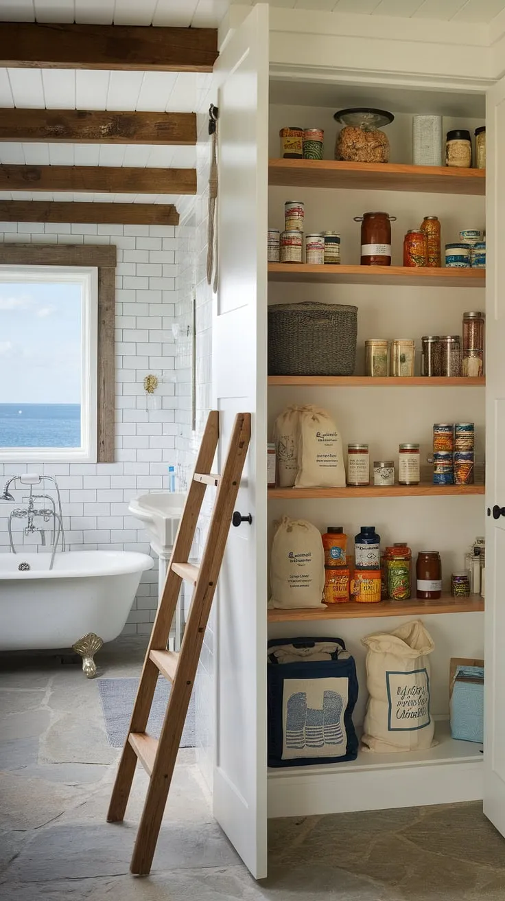Beyond the pantry door, a secret awaits: a meticulously organized space filled with the bounty of the sea and land. A rustic wooden ladder assists in reaching the highest shelves, while the adjacent bathroom, with its pedestal tub and ocean view, provides a tranquil retreat. A hidden gem indeed.