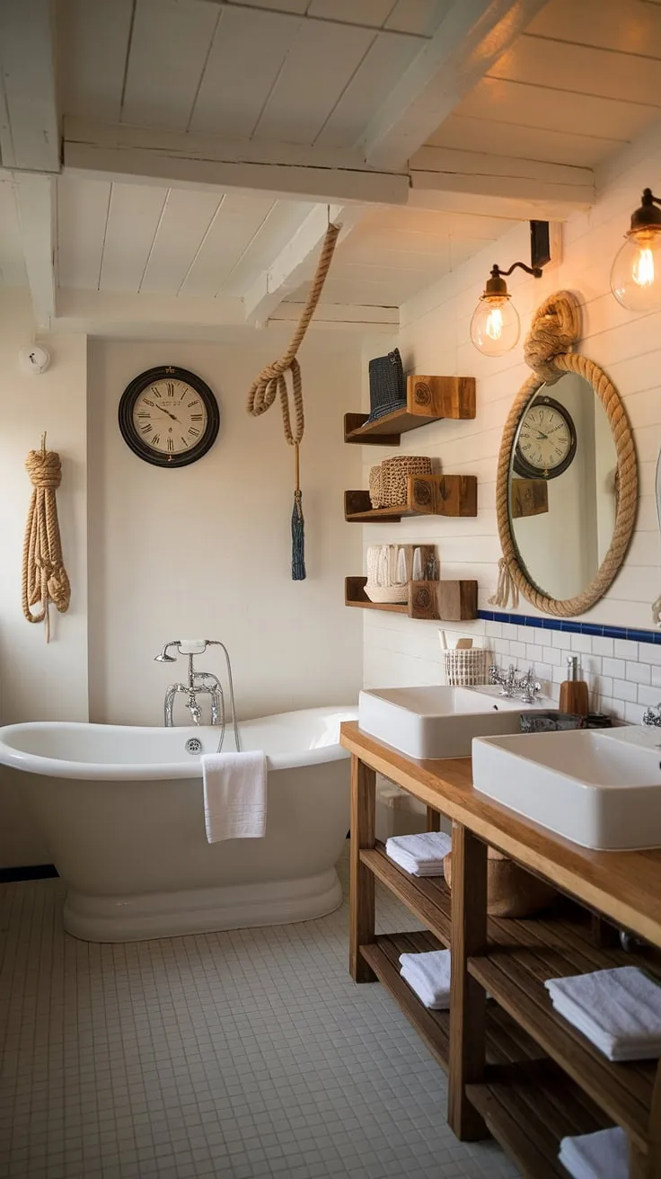 Imagine sinking into this freestanding tub, surrounded by the calming ambiance of a nautical-themed bathroom. The white sinks, rope accents, and warm lighting create a serene escape, a place where you can wash away the day's worries. A truly tranquil retreat, perfect for finding your inner peace.