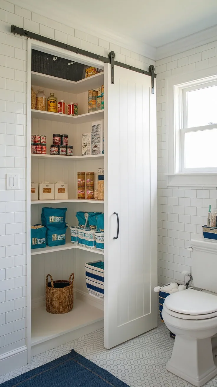 Seafaring style meets practical storage: This nautical-themed bathroom cleverly incorporates a hidden pantry, proving that even the smallest spaces can be surprisingly spacious and well-organized. The white-painted wooden door seamlessly blends with the bathroom's aesthetic, revealing a treasure trove of pantry staples within. A clever design solution for a truly unique and functional space.