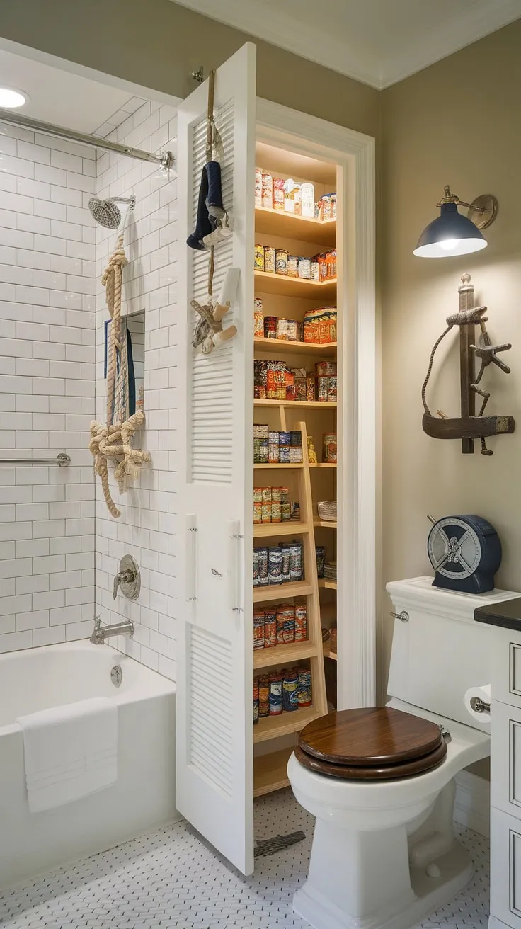 Seamlessly blending coastal charm with practical storage, this nautical-themed bathroom reveals a hidden pantry accessed by a charming ladder, showcasing clever design and ample space for all your essentials. A true testament to thoughtful planning, the room's serene atmosphere is enhanced by the unexpected functionality.