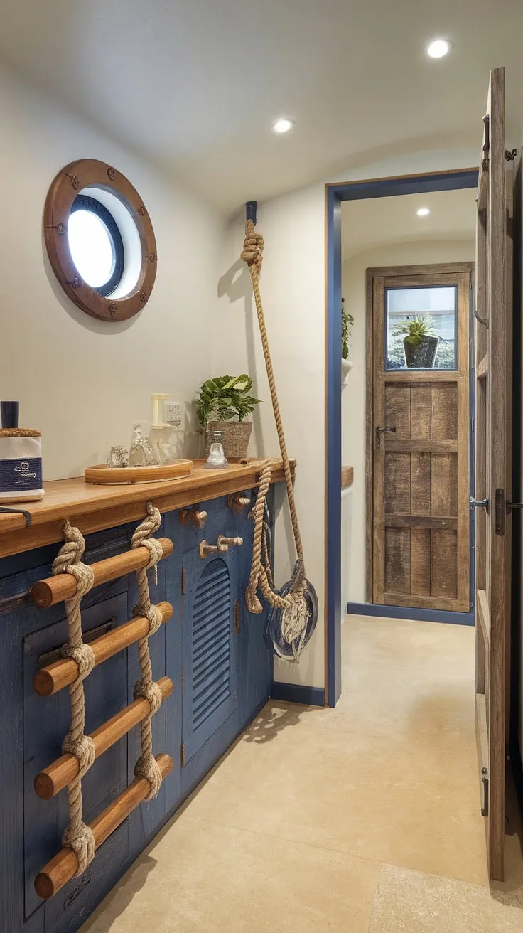 A charming nautical-themed bathroom, cleverly designed with pantry-inspired storage. The wooden cabinet, adorned with ropes and a ladder, speaks to a life at sea, while the porthole window and rustic pantry door add a touch of whimsical coastal charm. The subtle beige flooring and white walls create a calming atmosphere, perfectly complemented by the potted greenery.