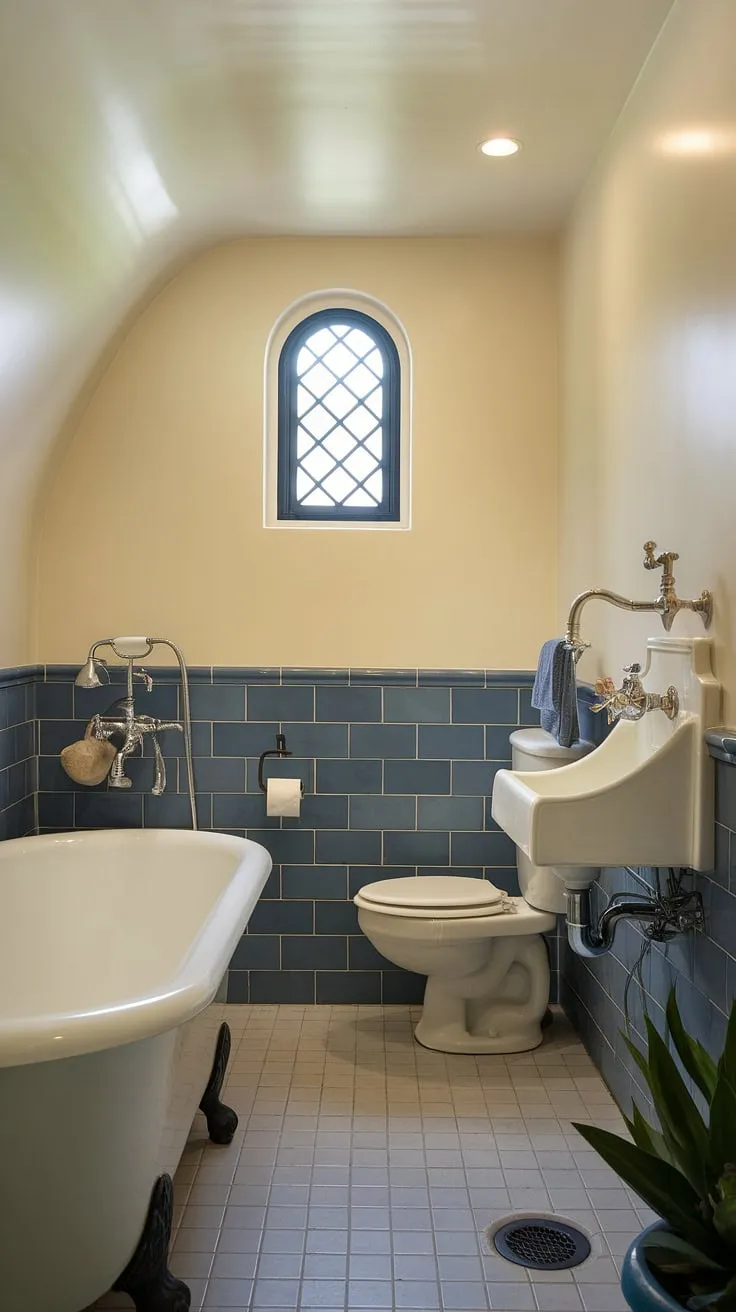 Escape to your own private seaside sanctuary. This nautical-themed bathroom, with its calming cream and blue palette, ship-shaped faucet, and charming window, offers a tranquil retreat where you can unwind and rejuvenate. The freestanding tub is the perfect spot to soak away the day's stresses.