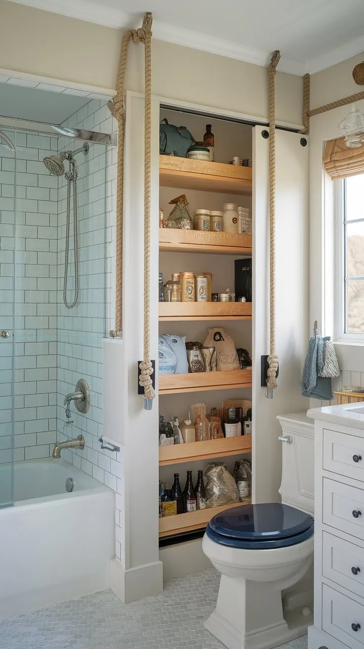 Seamlessly blending nautical charm with unexpected practicality, this bathroom's hidden pantry, revealed with a simple button press, unveils a treasure trove of storage. The rustic shelves hold everything neatly, a testament to clever design and attention to detail. A true marvel of hidden storage solutions.