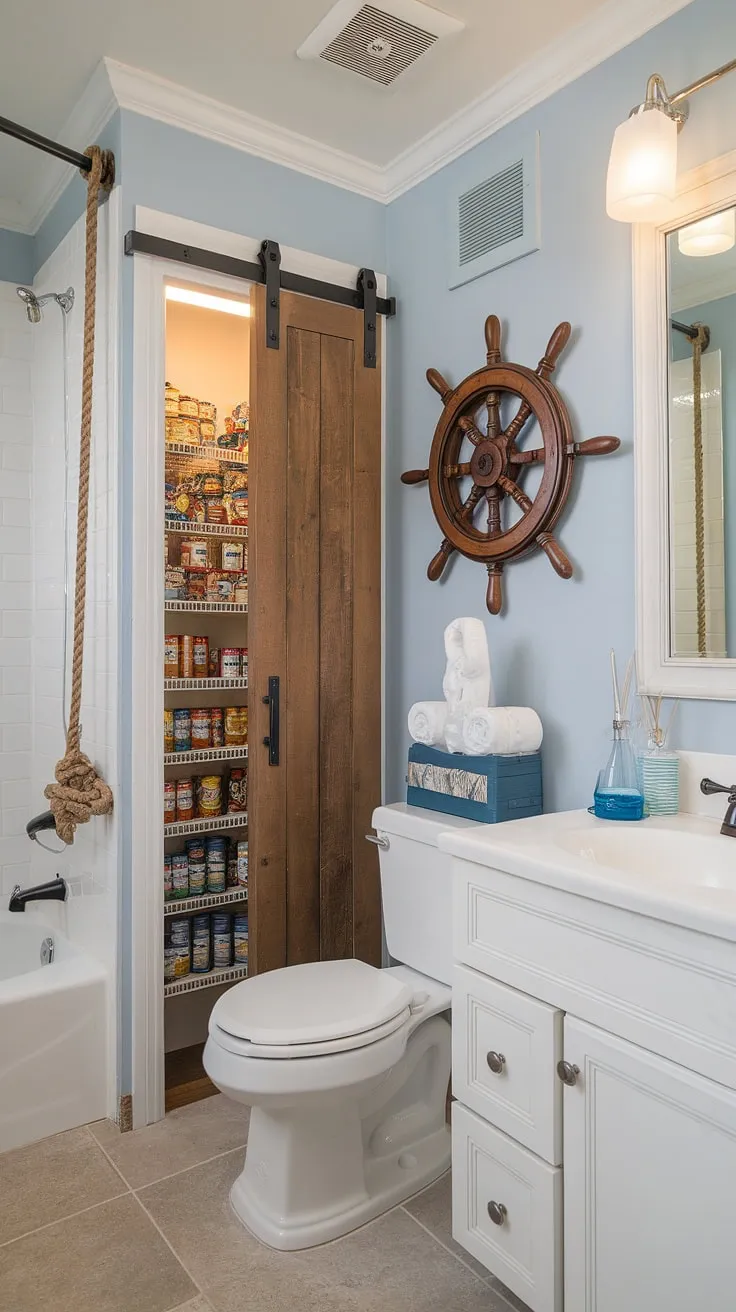 This light blue bathroom boasts a charming nautical theme, complete with a cleverly disguised walk-in pantry. The hidden storage space, accessed through a rustic wooden door behind the ship's wheel, adds a touch of whimsy and practicality. The white fixtures and tiled floor maintain a clean and airy feel, creating a truly unique and inviting space.