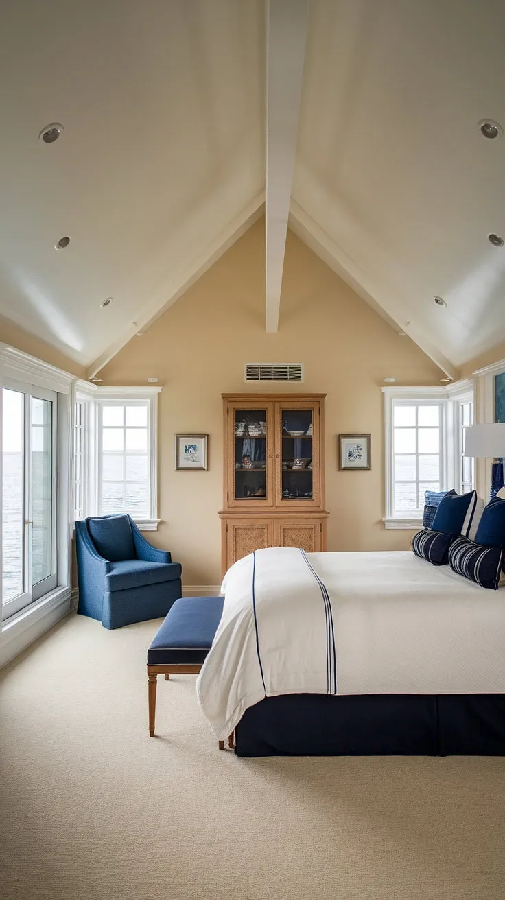 Wake up to breathtaking waterfront views in this nautical haven. The king-sized bed, plush carpet, and calming blue accents create a serene escape, perfect for unwinding after a day on the water. A charming blue chair and wooden cabinet add to the cozy ambiance. This boat house bedroom is the ultimate in tranquil luxury.