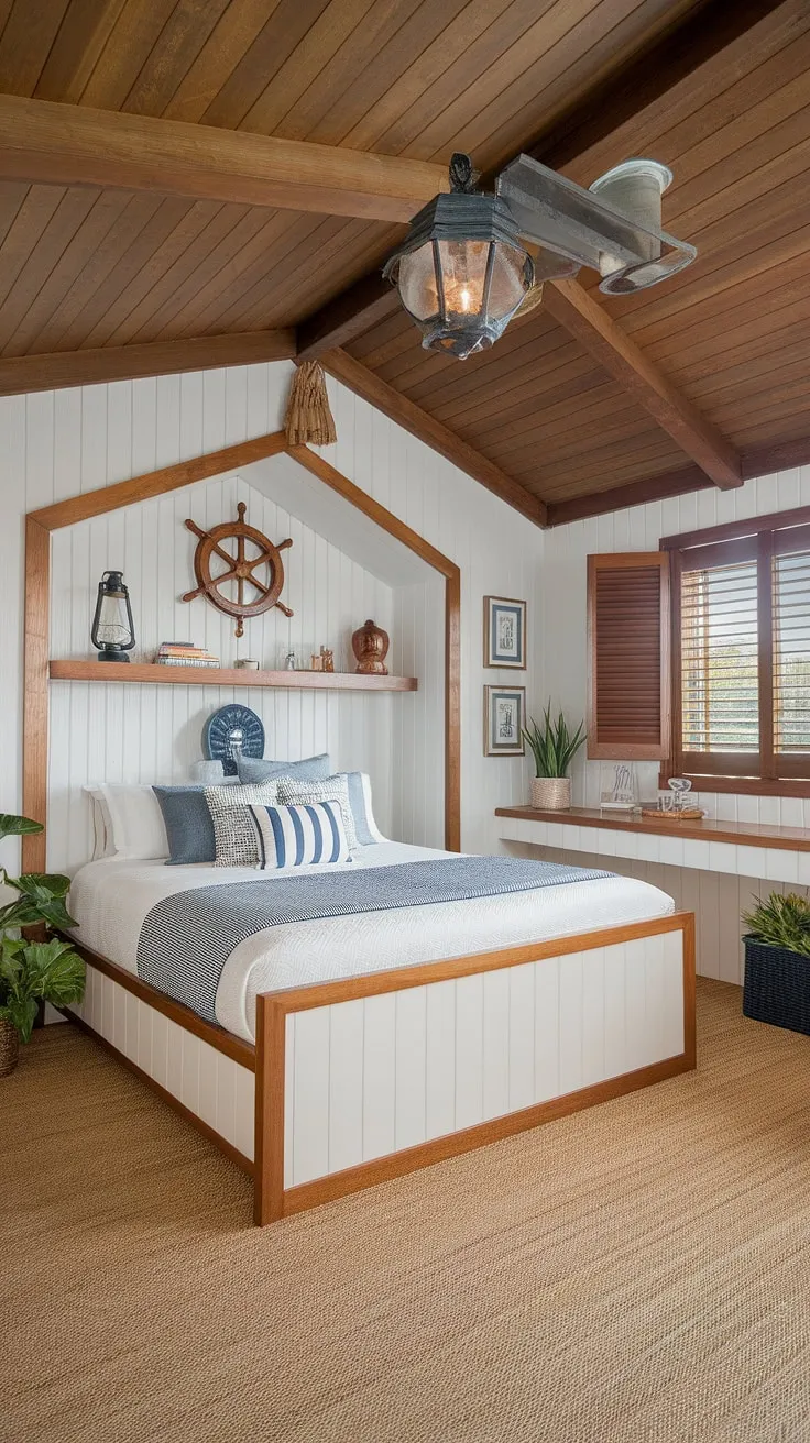 Escape to your own private harbor with this breathtaking nautical-themed bedroom. The handcrafted wooden accents, combined with carefully chosen nautical artifacts, create a tranquil and inviting space. The queen-size bed, nestled amongst the ship's paraphernalia, promises a restful night's sleep, transporting you to a world of adventure.