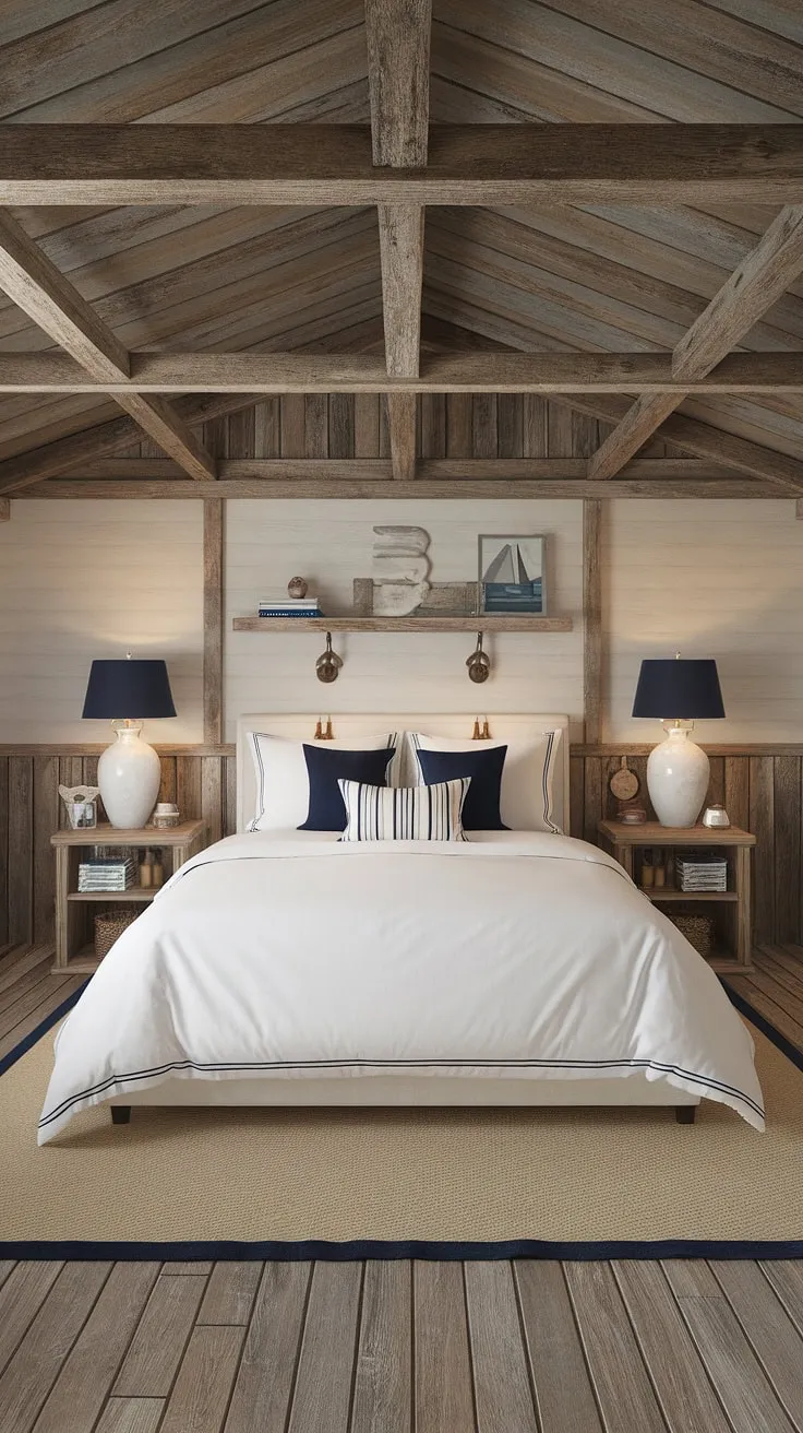 Drift off to dreamland in this nautical haven, where rustic wooden beams and a calming color palette create a serene escape. The cozy queen-size bed, adorned with navy and white accents, promises restful nights under a wooden ceiling reminiscent of a charming boathouse.