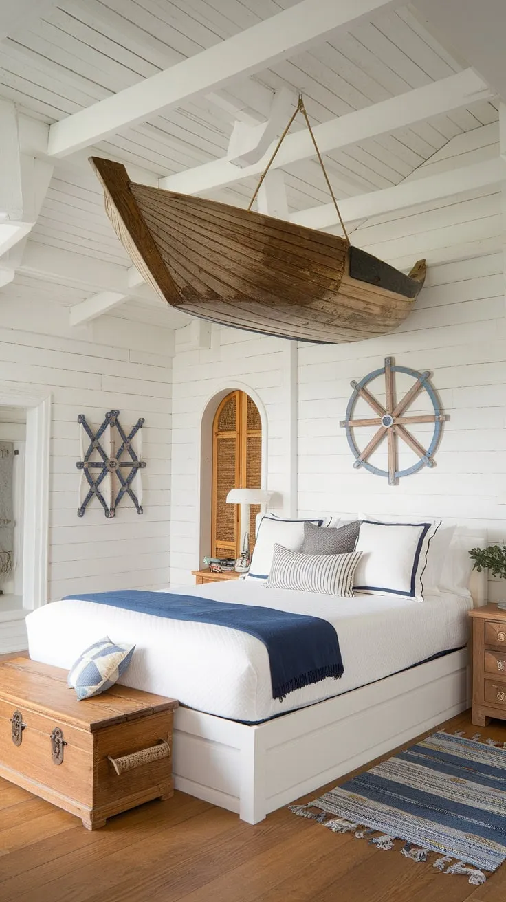 Escape to this charming nautical bedroom, a sanctuary of calm where a handcrafted wooden boat hangs suspended above a plush bed. The rustic wooden chest and floors add to the authentic boat house feel, creating a space that's both inviting and uniquely stylish.