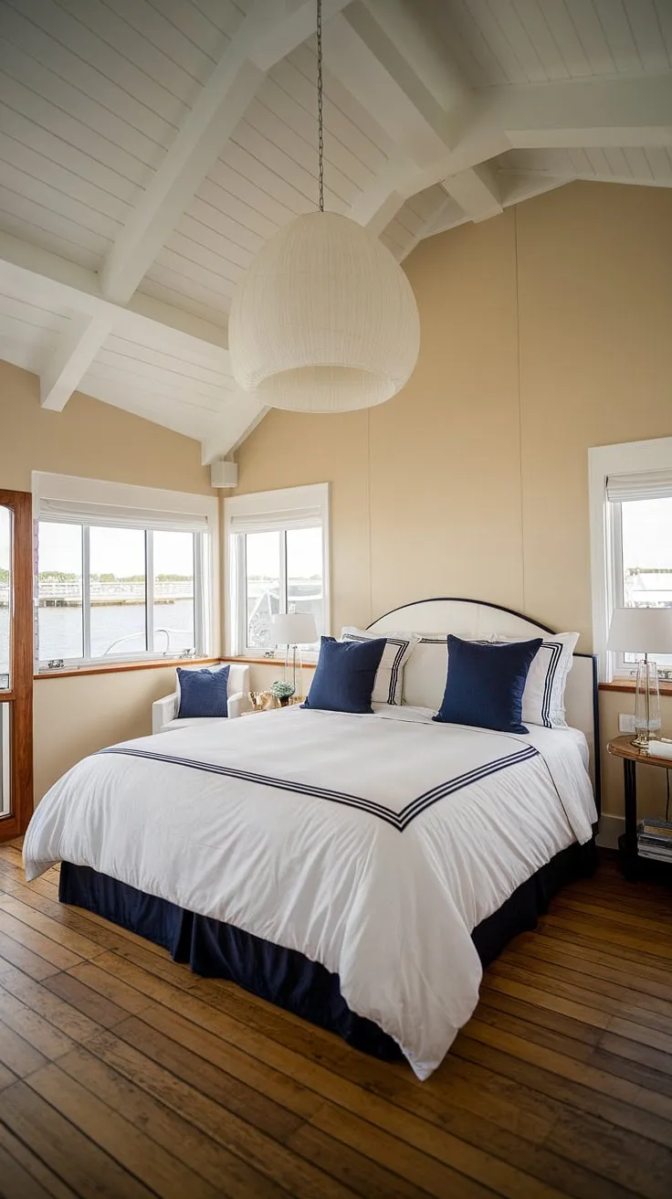 Drift off to sleep in this idyllic boathouse retreat. The high ceilings, large windows, and calming nautical theme create a tranquil atmosphere. Every detail, from the wooden floors to the plush bedding, speaks to effortless elegance and a connection with the sea.