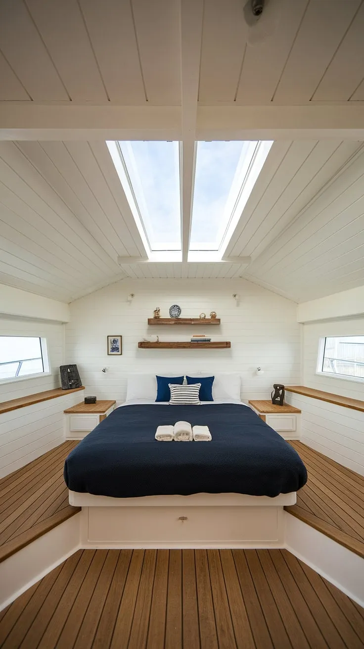 Wake up to the gentle sway of the water and the calming rhythm of the waves in this charming boathouse bedroom. The nautical details, from the navy bedding to the thoughtfully placed wooden accents, create a serene and inviting space perfect for a peaceful retreat. A truly unique and unforgettable getaway awaits.