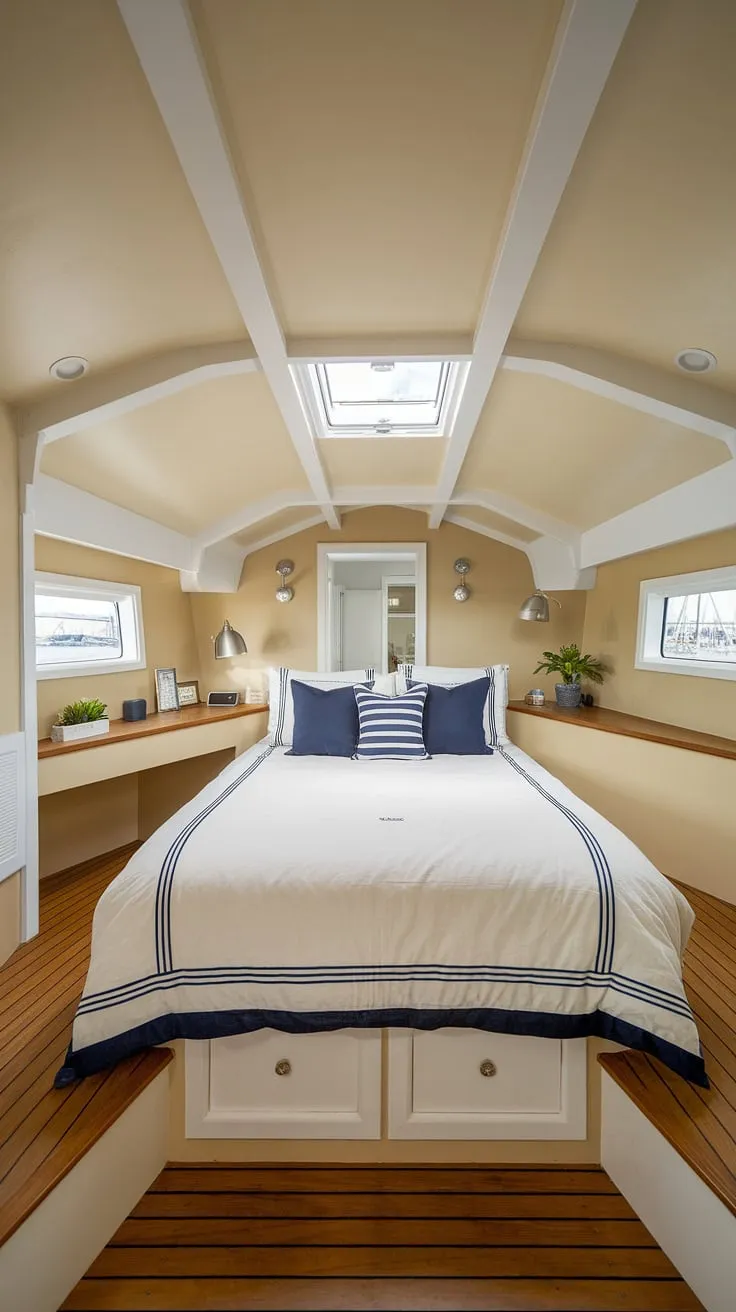 Sunlight streams through the skylight, illuminating this tranquil boathouse bedroom. A simple yet elegant space, perfect for unwinding after a day on the water. A truly unique and restful escape.