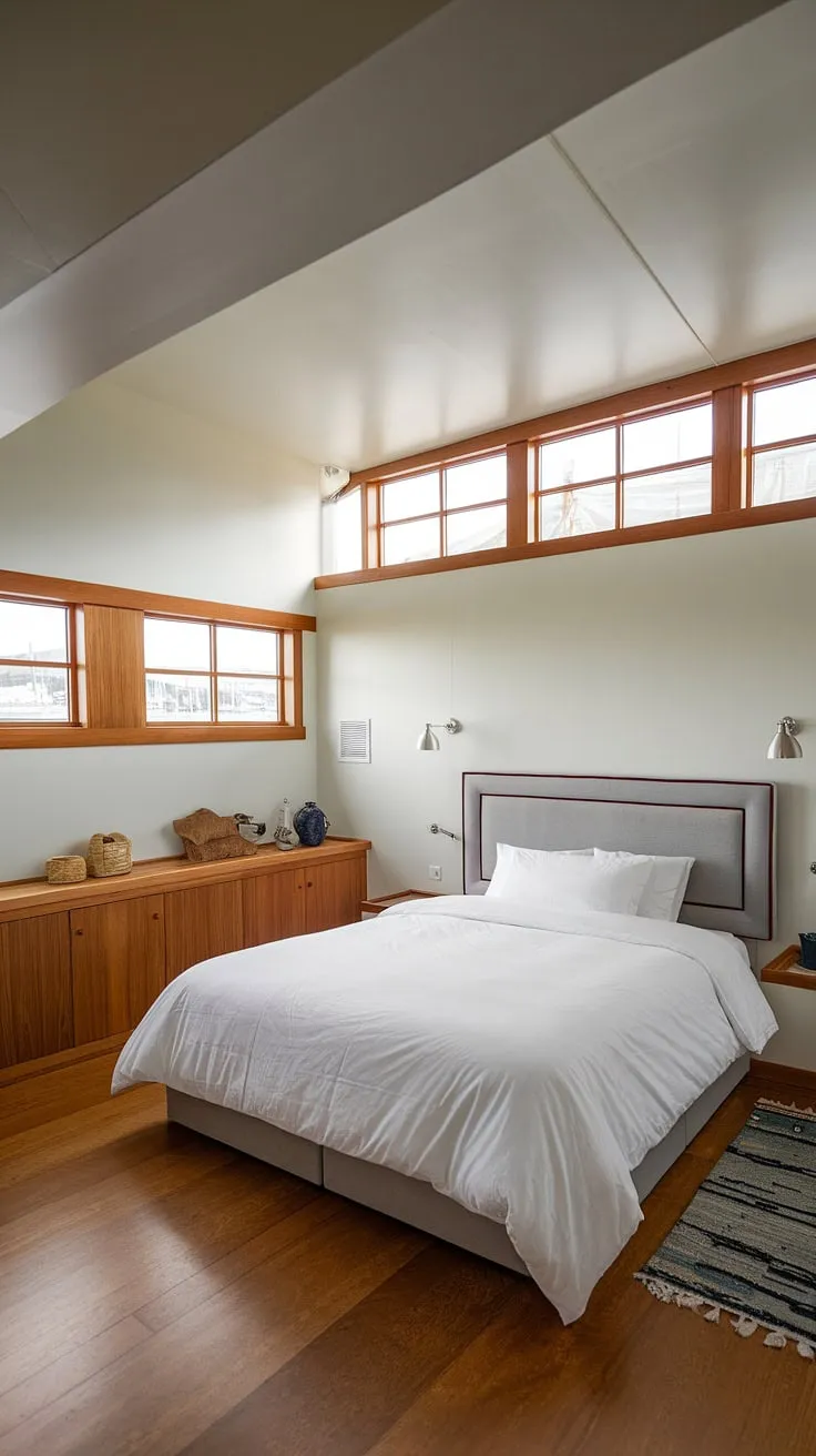 Wake up to the gentle sway of the water and the warmth of the sun in this charming boathouse bedroom. The high ceilings and large windows offer breathtaking views, creating a tranquil escape where nautical charm meets modern comfort. A perfect blend of rustic wood and crisp white creates a serene atmosphere.