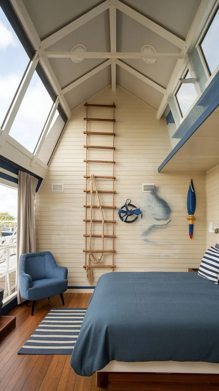 Drift off to sleep in this charming boat house bedroom. The expansive windows offer stunning views, while the nautical details-from the rope accents to the wooden ladder-add a touch of rustic elegance. A peaceful retreat where comfort meets captivating scenery.