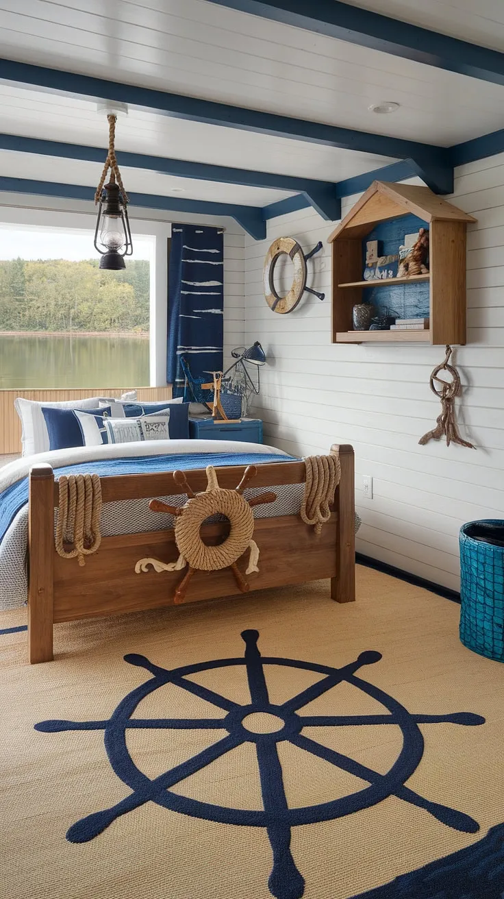 Drift off to dreamland in this nautical haven, where the gentle sway of the lake outside mirrors the calming ship-inspired design within. The rope-detailed bed, hanging lantern, and ship's wheel rug create a tranquil escape, a perfect blend of rustic charm and coastal serenity. A true captain's quarters.