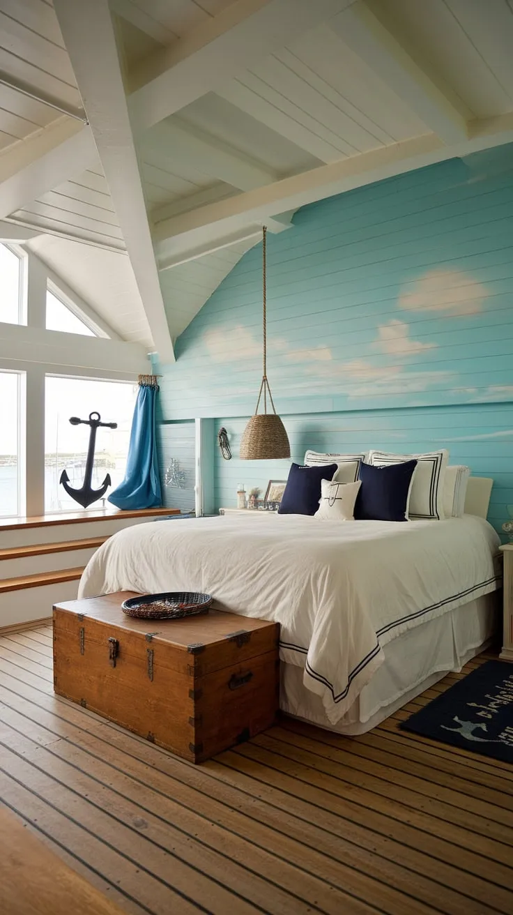 Drift off to sleep in this dreamy boathouse bedroom, where the light blue walls mimic the sky and the large windows offer stunning water views. The nautical details, from the anchor to the navy pillows, create a tranquil atmosphere, making it the perfect escape. A truly unforgettable experience awaits.