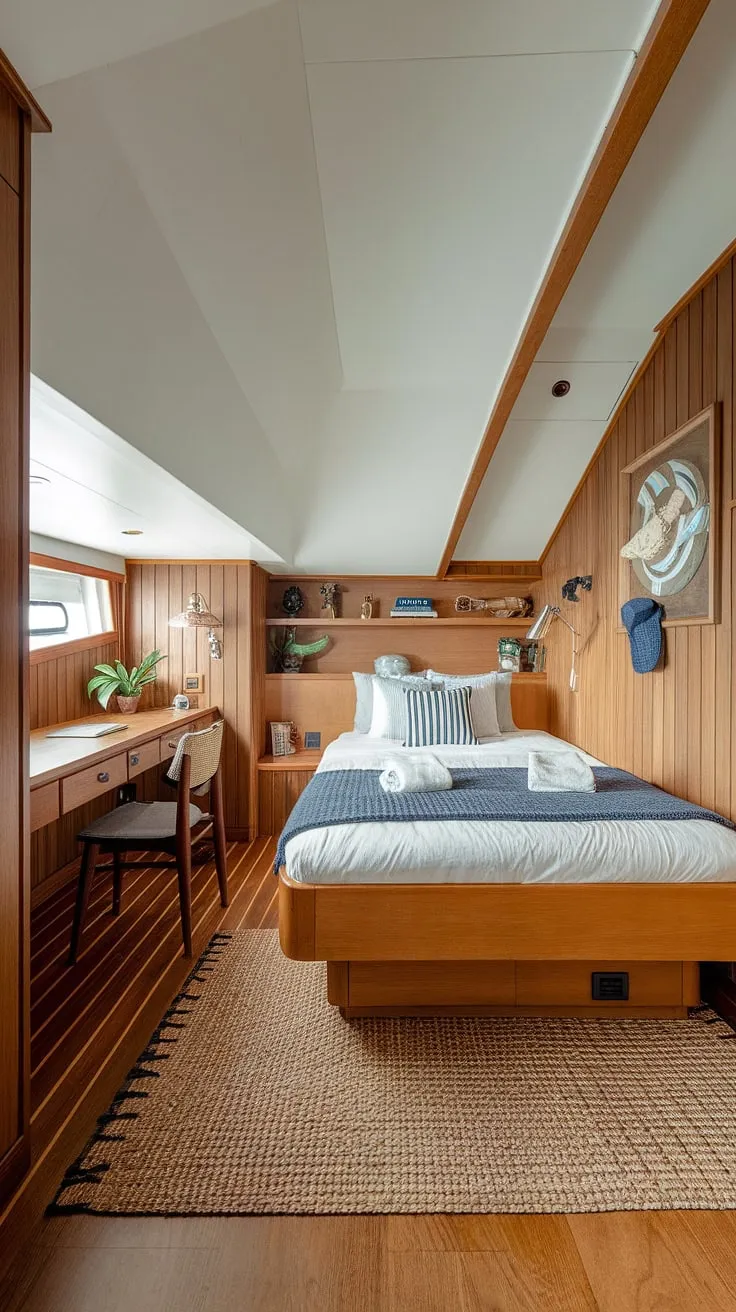 Drift off to sleep in this charming boat house bedroom, a sanctuary of nautical style and comfort. The warm wood tones, slanted ceilings, and handcrafted details create a tranquil atmosphere. The thoughtfully designed built-in headboard and small workspace add functionality without compromising the room's cozy feel. A perfect blend of rustic charm and modern convenience.