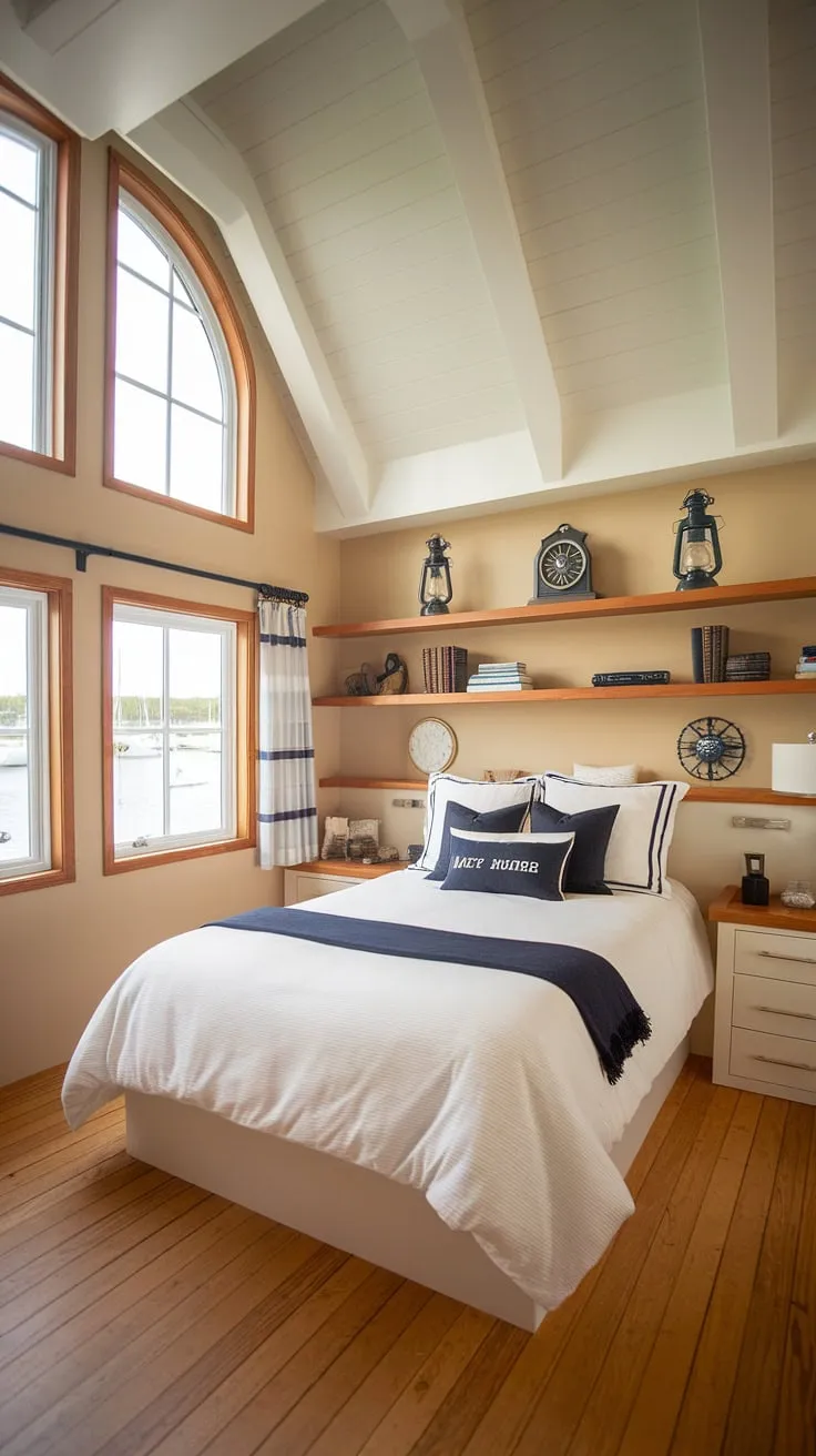 Drift off to sleep in this idyllic boathouse retreat, where the rhythmic sounds of the waves lull you into a peaceful slumber. The nautical details, from the clock to the lantern, add a touch of seaside elegance to this tranquil haven. A truly unforgettable escape.