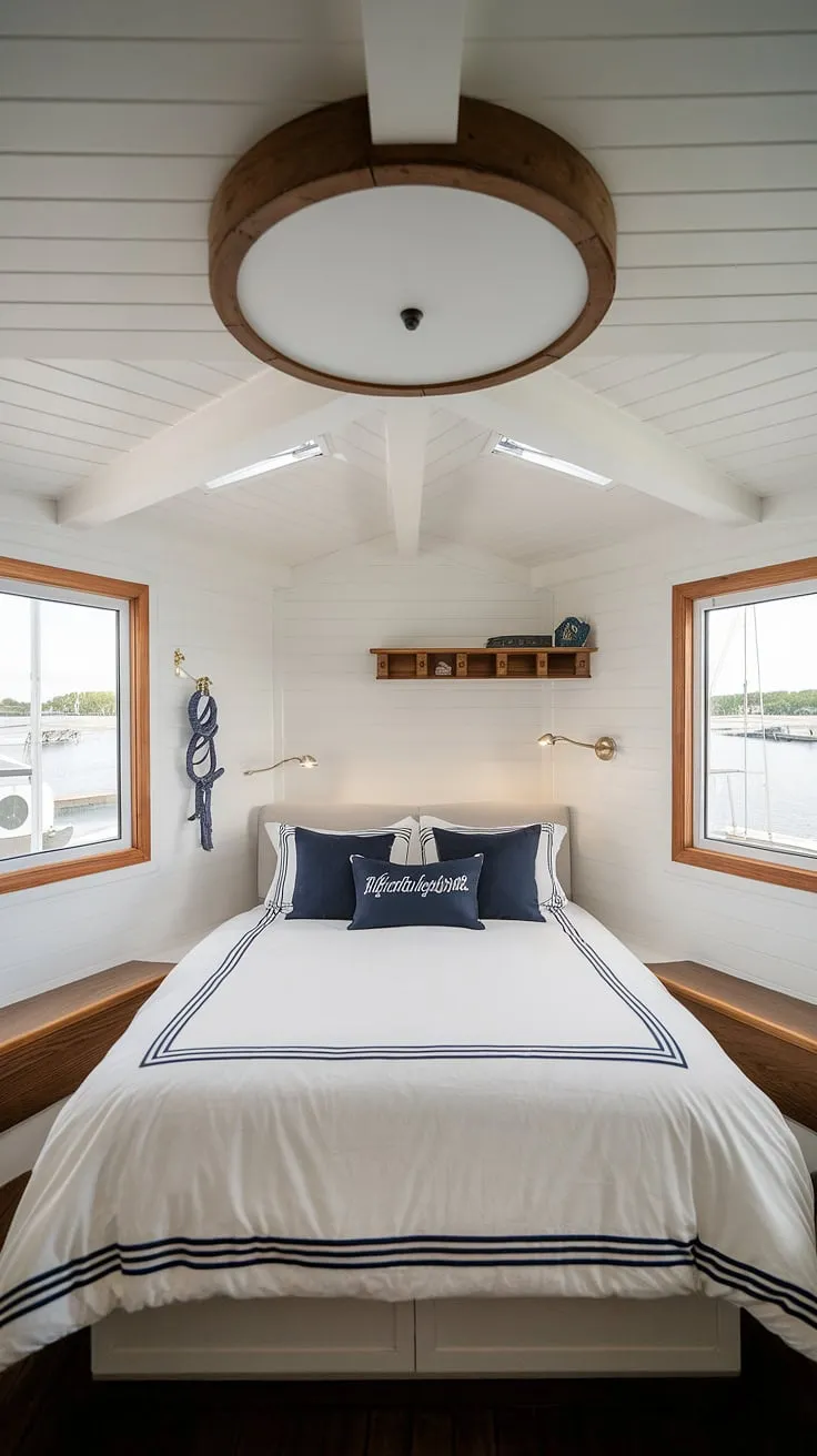 Wake up to the gentle sway of the water and the breathtaking views from this nautical haven. The rustic charm and high ceilings create a tranquil escape, perfect for a peaceful night's sleep. A truly unique and unforgettable experience awaits.