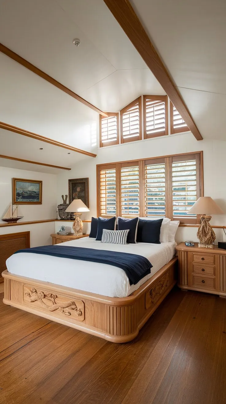 Drift off to sleep in this idyllic boathouse retreat. The king-size bed, crafted from rich wood, invites you to unwind amidst the nautical charm. Large windows and wooden shutters frame breathtaking views, creating a sanctuary of peace and tranquility. A perfect blend of rustic elegance and coastal serenity.