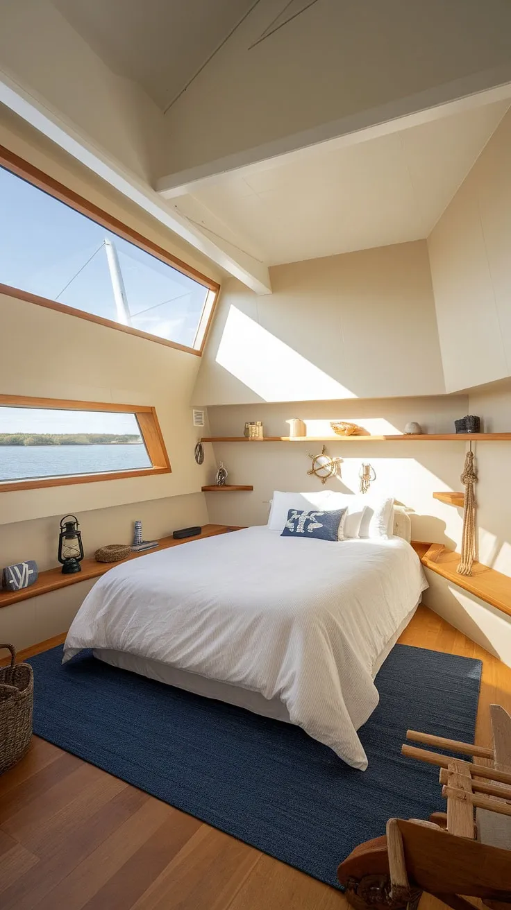 Drift off to sleep in this idyllic boat house bedroom, where nautical details and natural light create a tranquil haven. The queen-size bed, wooden floors, and carefully curated nautical accents-a compass, lantern, and knotted rope-all contribute to the calming ambiance. A truly unforgettable getaway awaits.