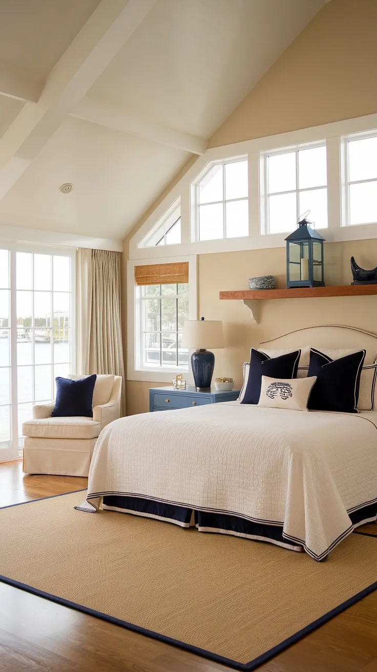 Wake up to the gentle sway of the lake and the warmth of the sun in this nautical-inspired haven. The high ceilings and expansive windows create a feeling of airy spaciousness, while the carefully chosen details-from the navy pillows to the blue lantern-evoke a sense of calm and seaside serenity. A perfect retreat for those seeking tranquility and a connection to nature.