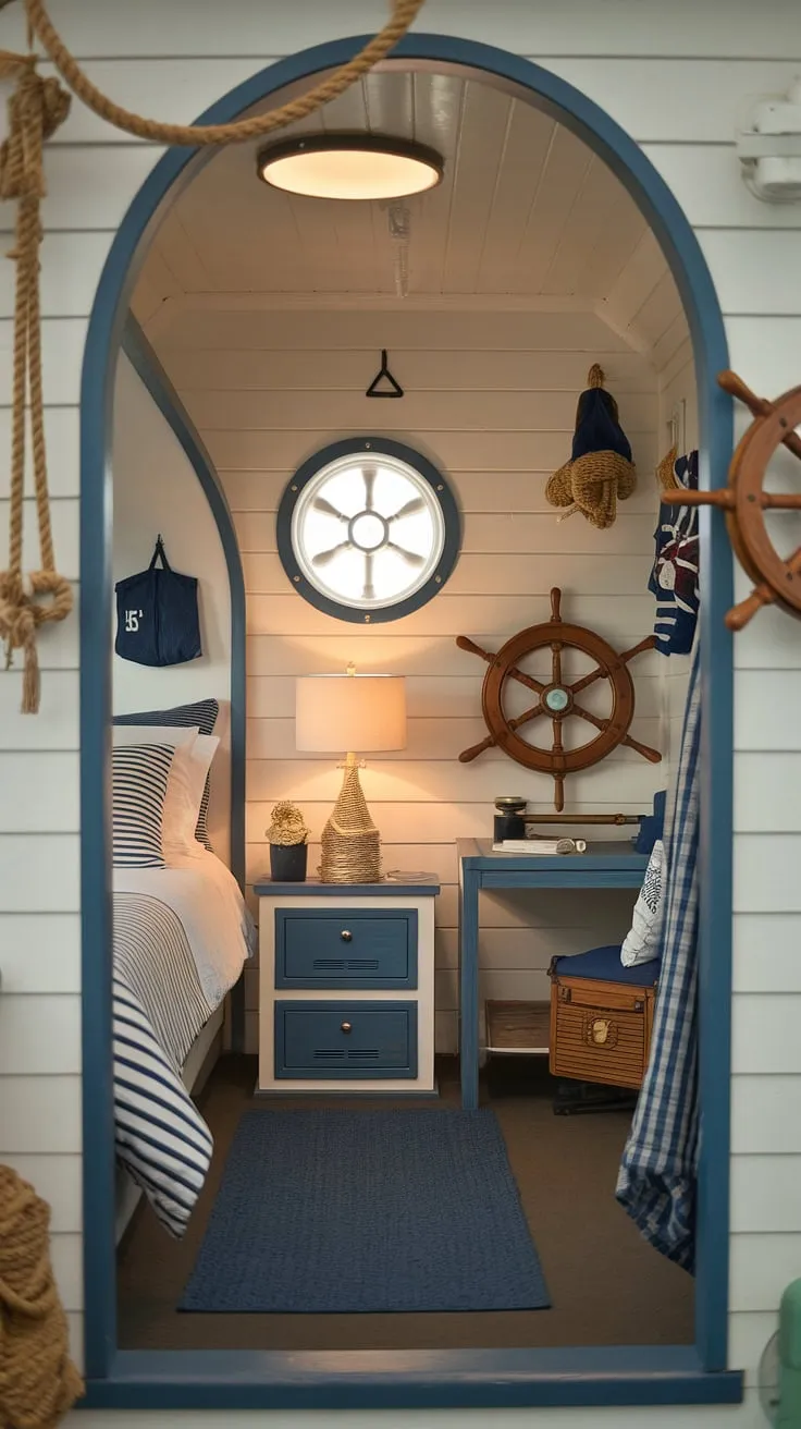 Drift off to dreamland in this cozy nautical retreat, where the gentle sway of the sea is always felt. The porthole window offers a glimpse of adventure, while the ship's wheel and nautical accents create a charming atmosphere, perfect for escaping to your own private boathouse.
