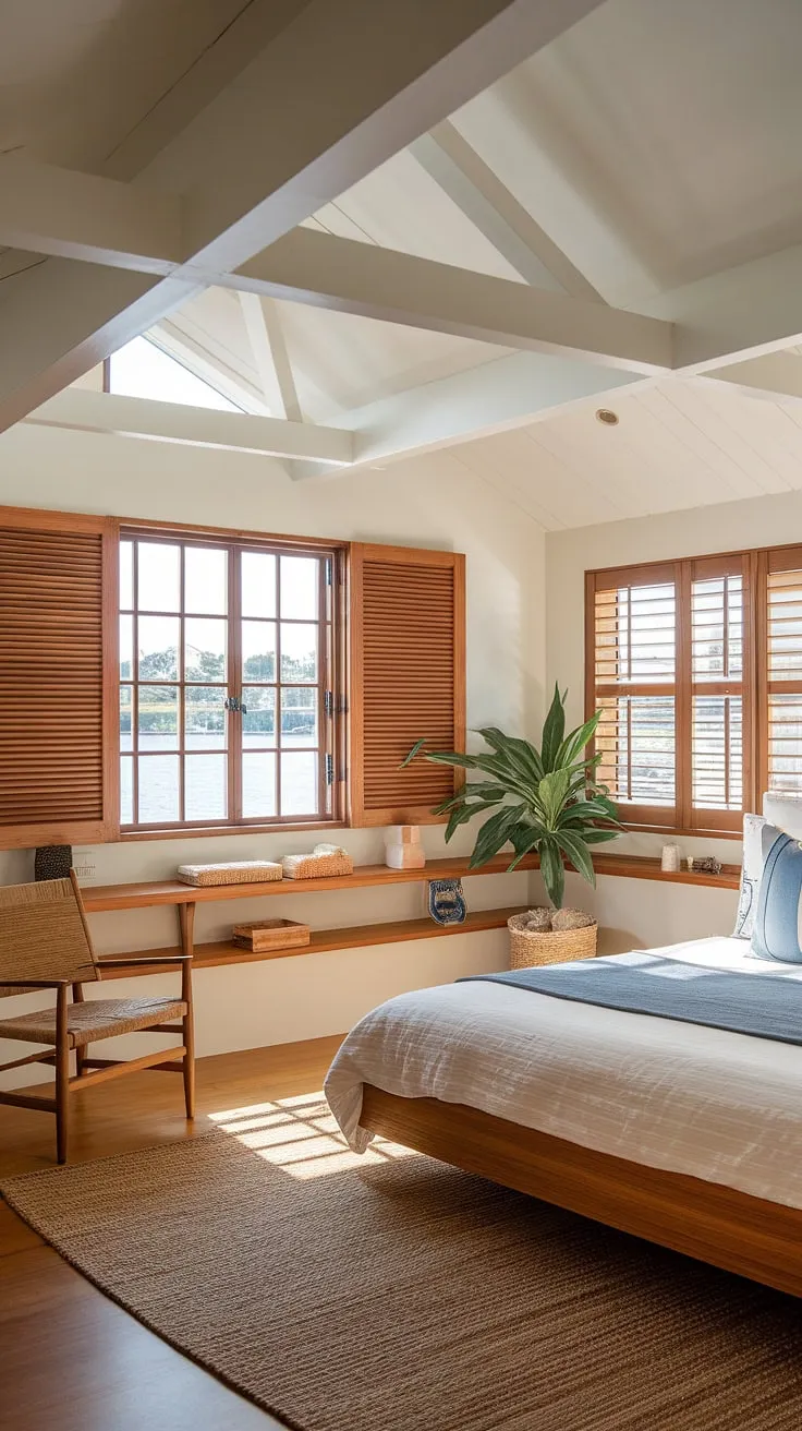 Drift off to sleep in this charming boat house bedroom, where the calming rhythm of the waves and the abundance of natural light create a serene atmosphere. The handcrafted wooden furniture and cozy details add to the inviting ambiance, making it the perfect retreat.