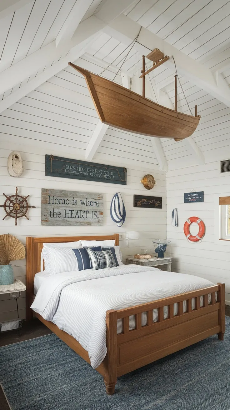 Drift off to dreamland in this nautical haven, where the gentle sway of the sea is felt in every detail. The ship-shaped light fixture casts a warm glow, illuminating the comforting wooden bed and charming nautical décor, creating a space that truly feels like home. A perfect blend of rustic charm and coastal serenity.