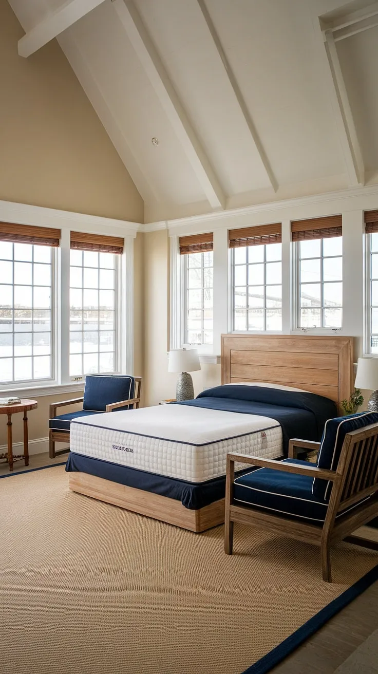 Drift off to sleep in this nautical haven, where the calming beige walls and large windows offer a tranquil escape. The handcrafted wooden headboard and comfortable seating create a cozy atmosphere, perfect for unwinding after a day of adventure. A true sanctuary for the soul.