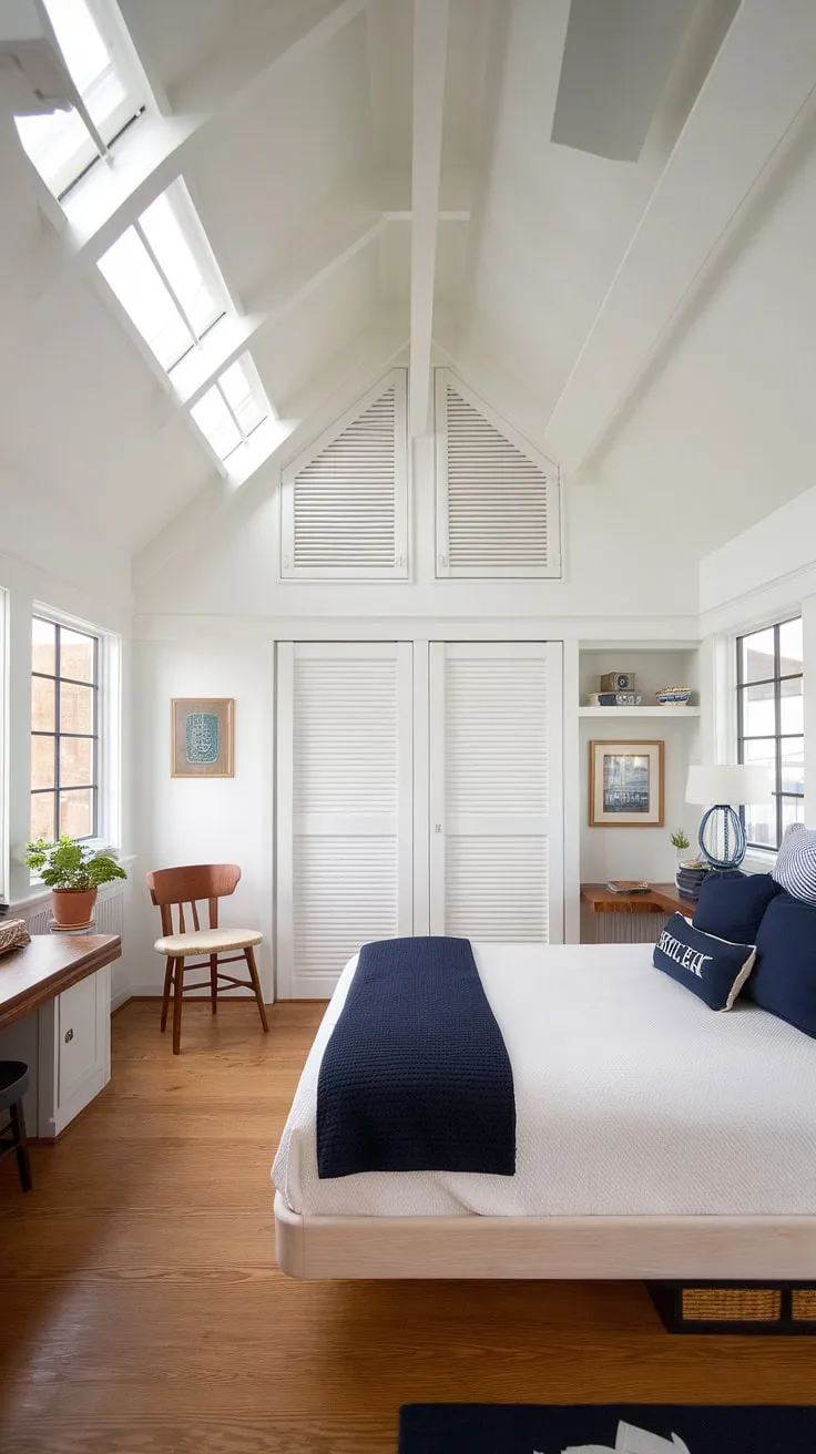 Wake up to the calming rhythm of the sea in this nautical-themed haven. The spacious bedroom, with its high ceilings and abundant natural light, offers a tranquil escape, perfectly blending comfort and coastal charm. A king-sized bed invites restful nights, while built-in storage keeps things tidy. The wooden floors and subtle nautical accents create a serene atmosphere, making it the ideal retreat.