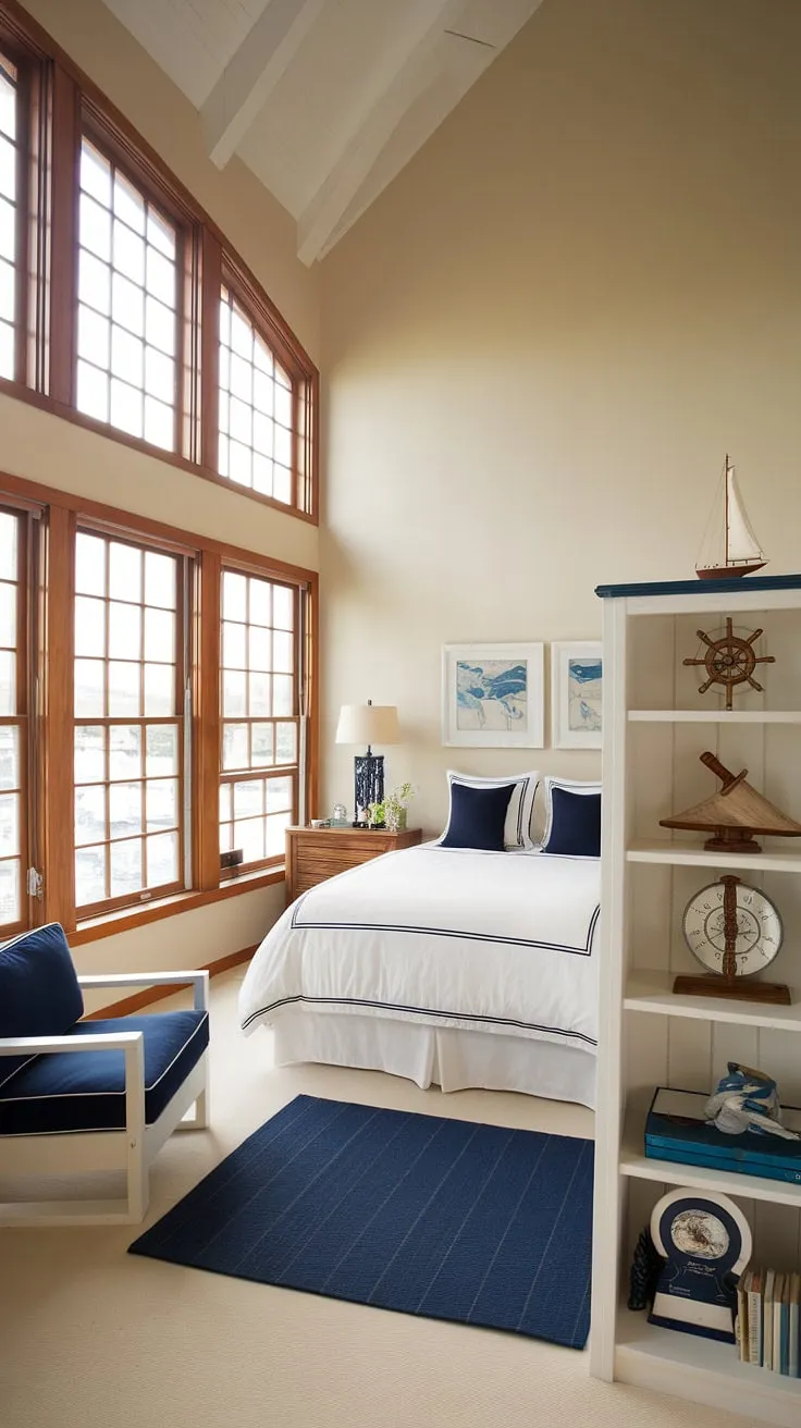 Drift away to a seaside escape in this nautical haven. The high ceilings and large windows flood the room with natural light, while the carefully curated nautical details-from the sextant on the shelf to the calming blue accents-create a tranquil atmosphere perfect for restful nights. A true boathouse bedroom retreat.