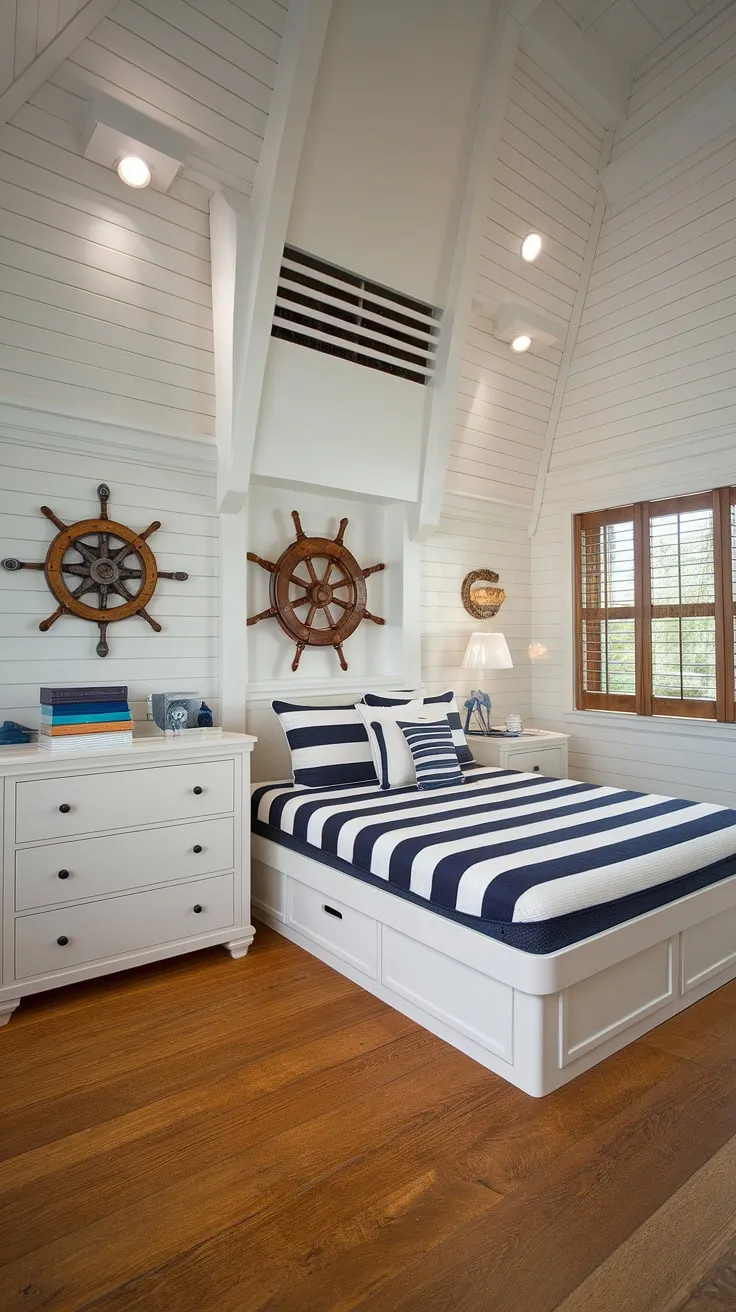 Wake up to the gentle lapping of waves and the salty air. This nautical-themed bedroom, complete with a compass rose and ship's wheel, offers a tranquil escape in a lakeside haven. The high ceilings and white walls create a bright and airy space, perfect for restful nights. A charming dresser and nightstand complete the look.