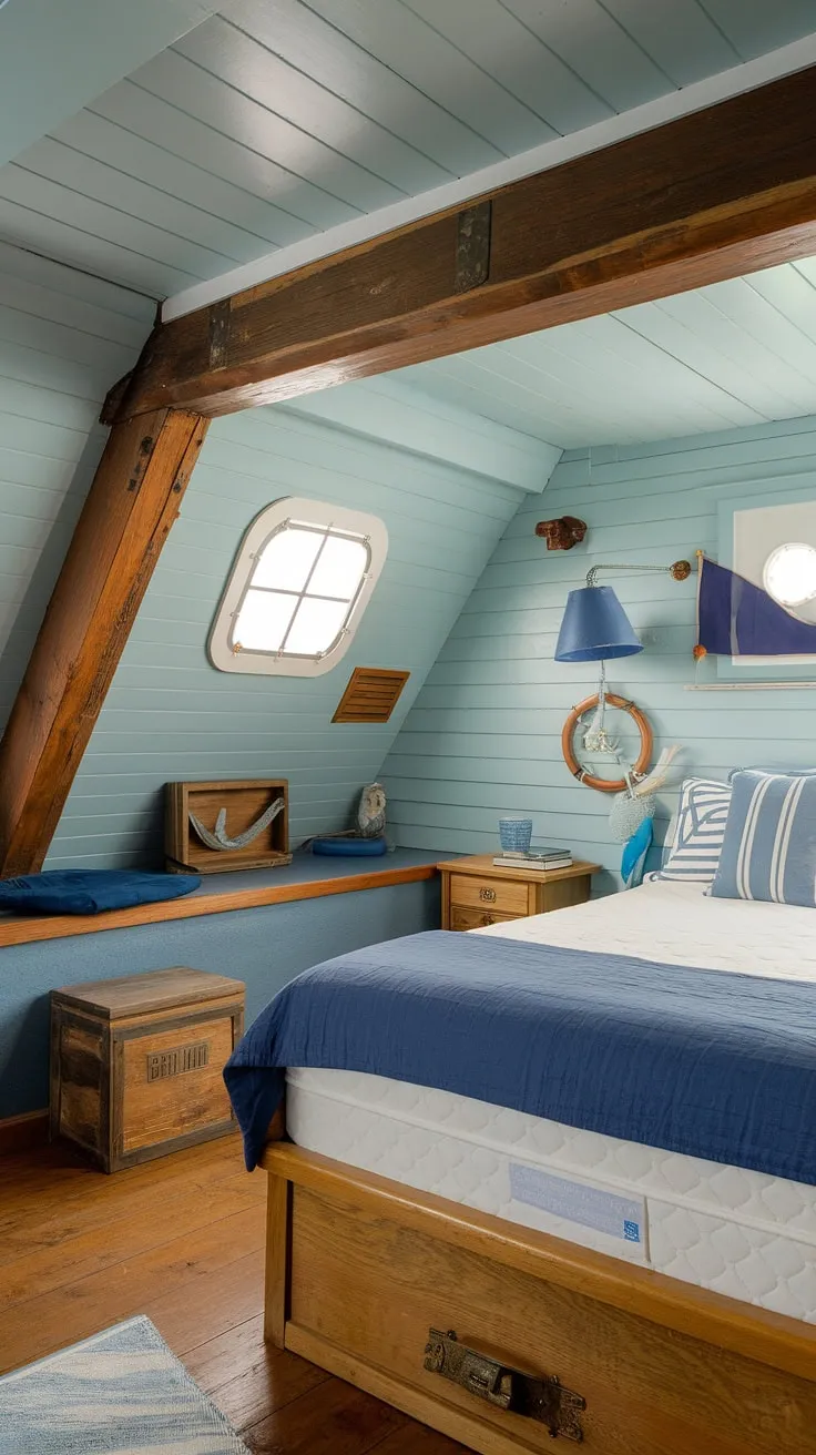 Awake to the calming blue hues of this charming nautical bedroom. The exposed wooden beam adds a touch of rustic charm, while the ship-inspired design elements create a peaceful atmosphere. Every detail, from the queen-size bed to the carefully placed nautical flag, evokes the spirit of adventure and the tranquility of the sea.