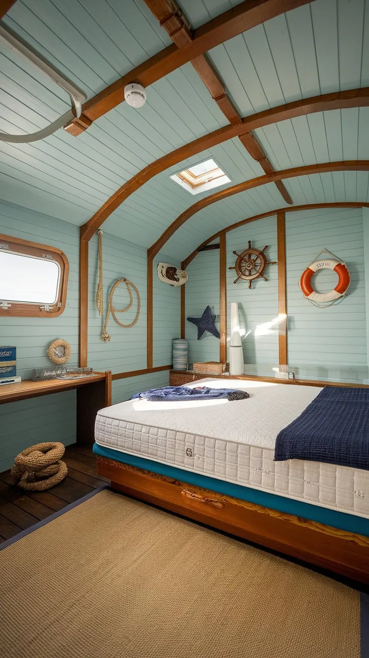 Drift off to sleep in this charming boathouse bedroom, where the gentle sway of the water is almost palpable. The nautical details, from the ship's wheel to the life ring, create a tranquil and inviting atmosphere, a perfect escape for the weary sailor. A truly unique and unforgettable experience awaits.