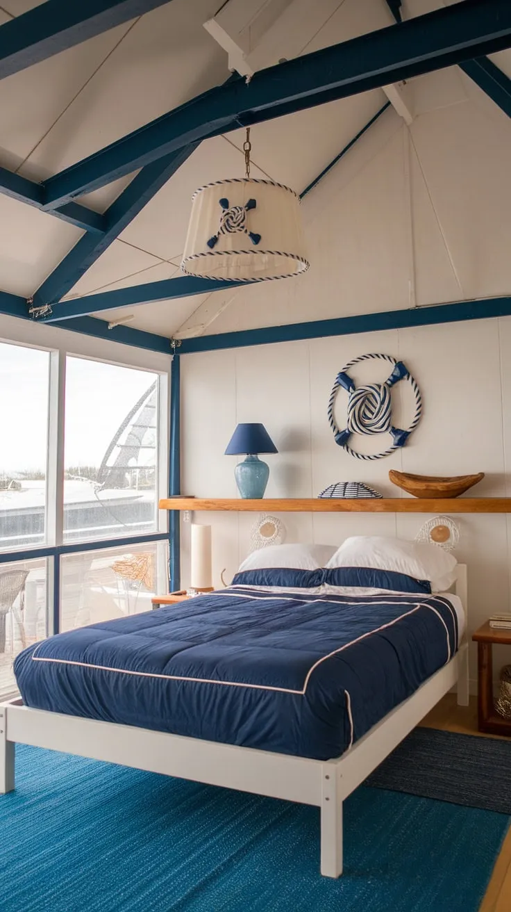 Wake up to the gentle sway of the water and the salty air in this charming boathouse bedroom. The nautical details, from the sailor's knot lampshades to the calming blue hues, create a tranquil retreat perfect for escaping the everyday. A perfect blend of rustic charm and coastal elegance.