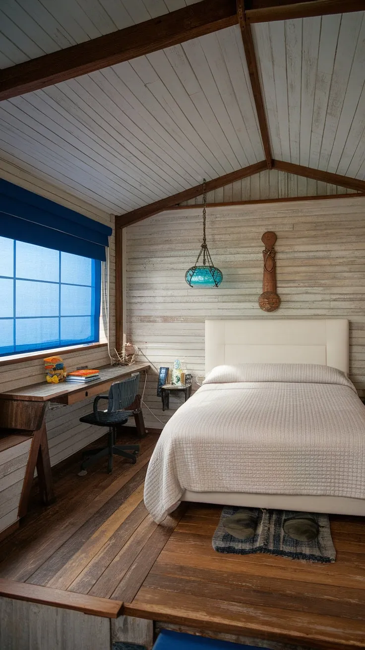 Drift off to sleep in this cozy boathouse retreat. The rustic wood walls and ceiling, combined with the nautical-inspired decor, create a peaceful atmosphere. A perfect getaway for those seeking a tranquil escape.