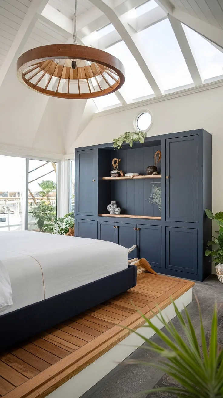 Wake up to the calming rhythm of the sea in this nautical haven. The high ceilings and natural light create a serene atmosphere, while the navy and wood accents evoke the charm of a classic boathouse. A perfect blend of comfort and coastal style.