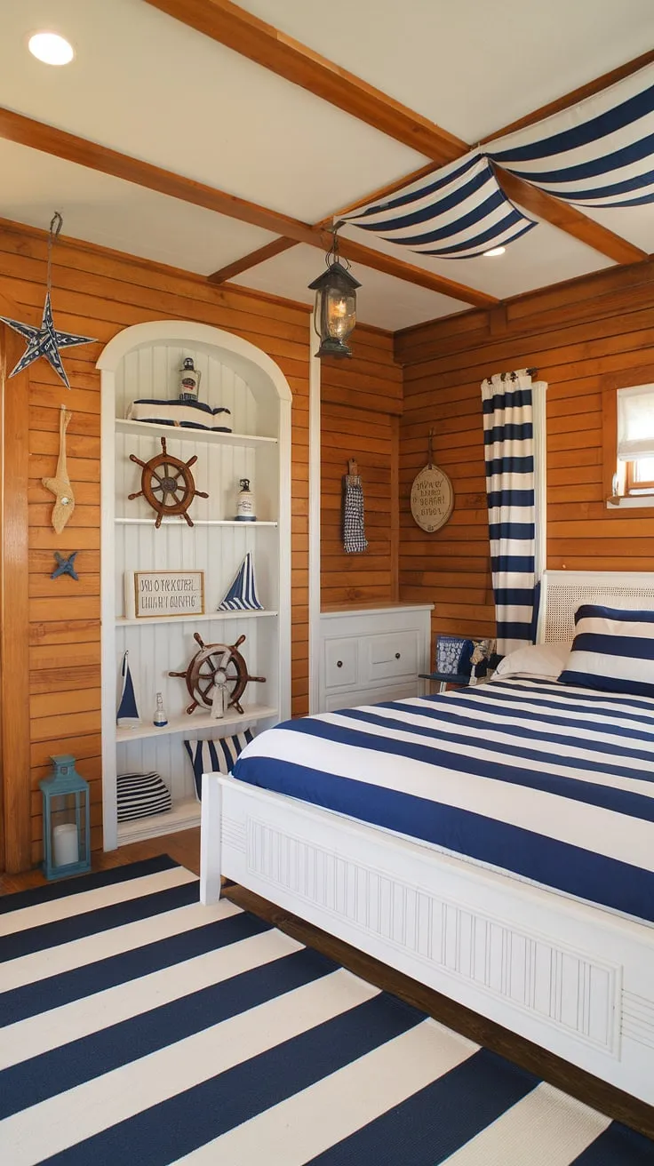 Escape to this charming boathouse bedroom, a sanctuary of calm where wooden walls whisper tales of the sea. The crisp blue and white palette, complemented by nautical treasures and a cozy queen-size bed, invites you to unwind and let your worries drift away like a distant sail.