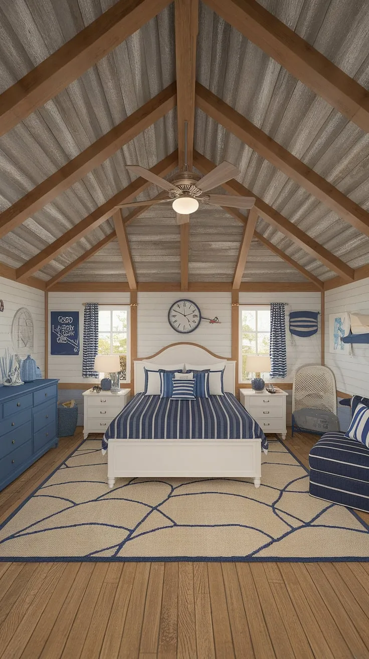 Awake to the gentle sway of the sea in this charming boathouse bedroom. Every detail, from the exposed beams to the nautical-striped bedding, evokes the spirit of coastal living.