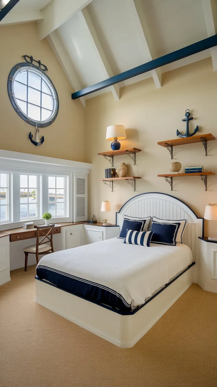 Wake up to the gentle sway of the water and the salty air in this charming boathouse bedroom. The nautical details, from the porthole window to the anchor accents, create a tranquil and inviting atmosphere. A perfect escape.