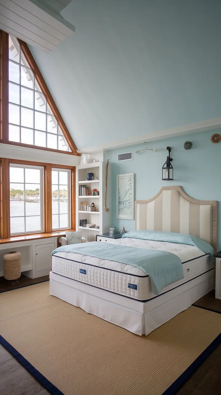 Drift off to sleep in this tranquil boathouse retreat. The light blue walls, large windows, and comfortable king-size bed offer a peaceful haven. Every detail, from the subtle nautical touches to the calming color palette, contributes to a truly unforgettable experience.