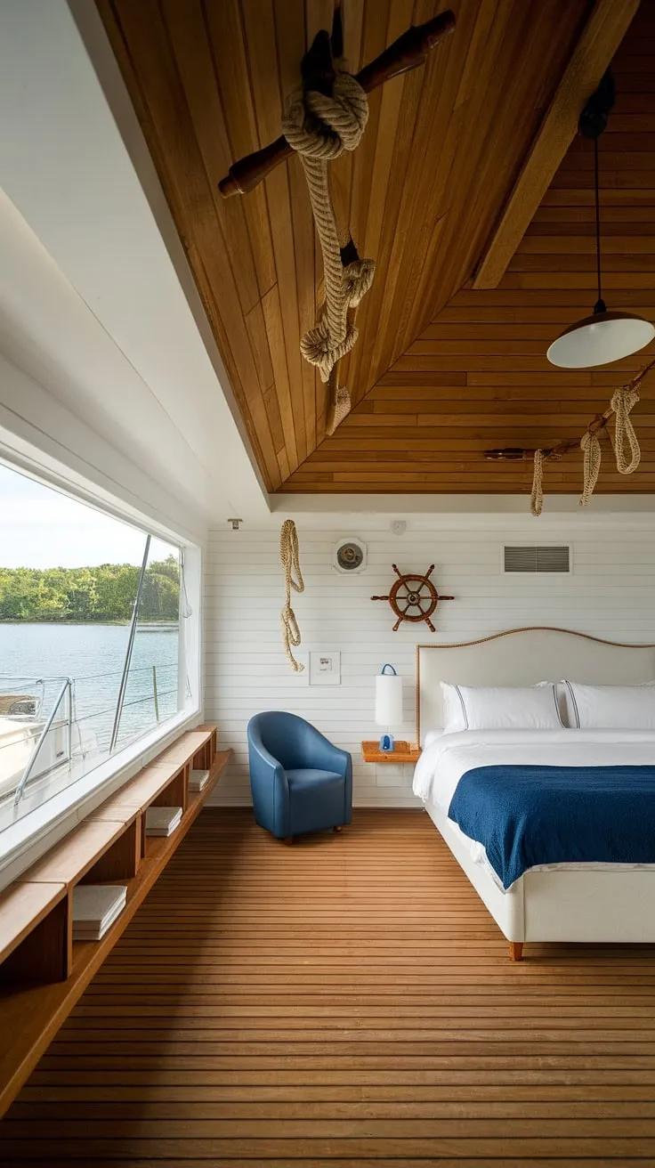 Wake up to the gentle lapping of waves in this lakeside boathouse bedroom. The nautical charm, complete with a ship's wheel and rope accents, creates a serene and unforgettable escape. A perfect blend of rustic wood and calming whites makes this the ideal retreat.